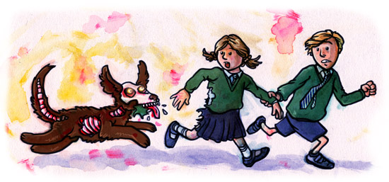 illustration of zombie dog chasing kids